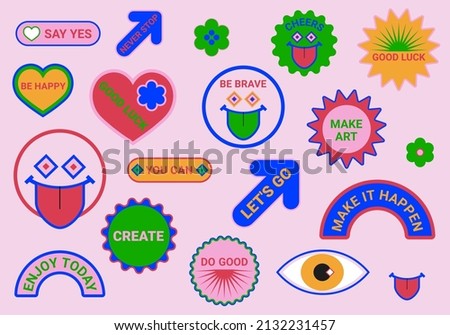 Set of vector funny stickers. Glued paper stickers. Bright, positive, vector illustrations.