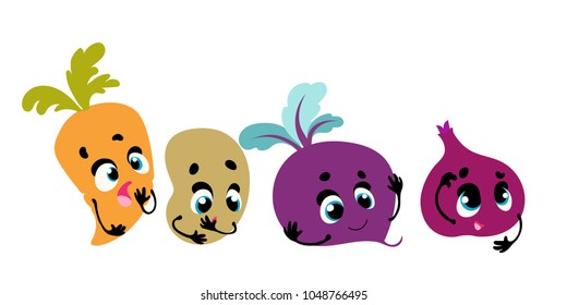 Set vector funny vegetables, cartoon character with face and hands
