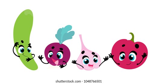 Set vector funny vegetables, cartoon character with face and hands
