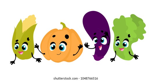 Set vector funny vegetables, cartoon character with face and hands

