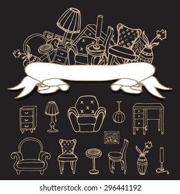 Set of vector furniture hand drawn outlines with logotype, banner for text.