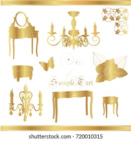Set of vector furniture and other elements in gold 