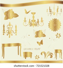 Set of vector furniture and other elements in gold 