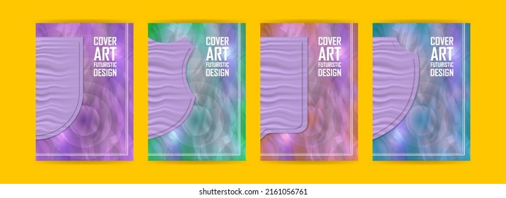 Conjunto de diseños vectoriales abstractos de cubiertas multicolores. Mockups con una superficie nublada, círculos y escudos ondulados clásicos