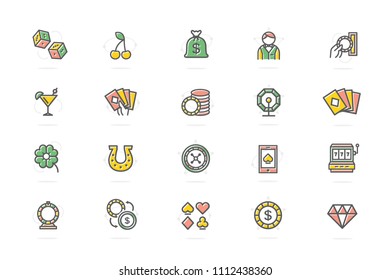 Set of vector gambling and casino colored line icons. Dice, horseshoe, clover, roulette, jackpot slot machine, lottery bingo, game cards, croupier, fortune wheel and more.