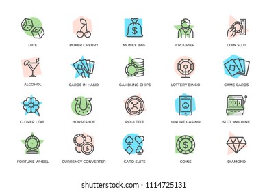 Set of vector gambling and casino colored line icons with titles. Dice, horseshoe, clover, roulette, jackpot slot machine, lottery bingo, game cards, croupier, fortune wheel and more.