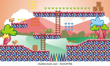 A set of vector game asset with background, contains ground tiles and several items / objects / decorations, used for creating mobile games