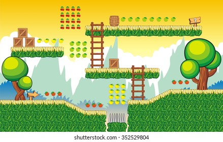 A set of vector game asset with background, contains ground tiles and several items / objects / decorations, used for creating mobile games