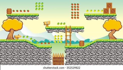 A set of vector game asset with background, contains ground tiles and several items / objects / decorations, used for creating mobile games