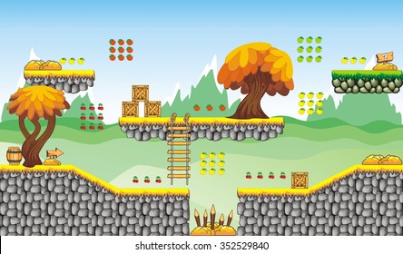 A set of vector game asset with background, contains ground tiles and several items / objects / decorations, used for creating mobile games