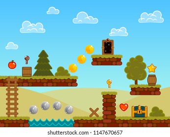 Set of vector game asset. Contains ground tiles and many items, objects and decorative elements, used for creating mobile games