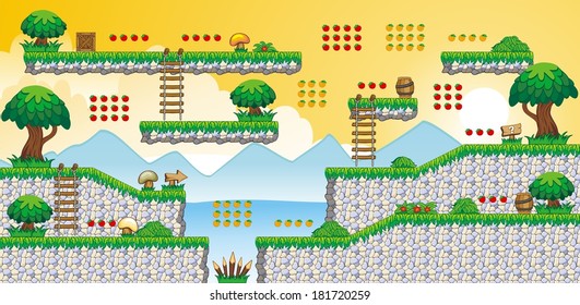 A set of vector game asset, contains ground tiles and several items / objects / decorations, used for creating mobile games