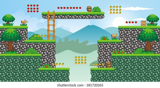 A set of vector game asset, contains ground tiles and several items / objects / decorations, used for creating mobile games