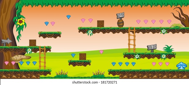 A set of vector game asset, contains ground tiles and several items / objects / decorations, used for creating mobile games