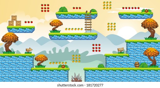 A set of vector game asset, contains ground tiles and several items / objects / decorations, used for creating mobile games