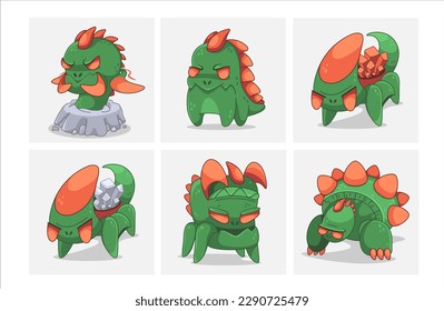 Set of vector game characters of green dragons in cartoon style.