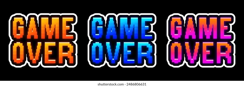 Set of vector game over pixelated signs, yellow, orange, blue, pink gradient, glitch effect, 8 bit retro game style icons, stickers