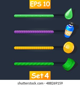 Set of vector game resource bar. Cartoon gold coin, bundle of green money, nitrous oxide and magic potion or some liquids.