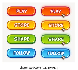 Set Of Vector Game User Interface Buttons. Two Different State, Default And Hover Or Pressed. 4 Colors, Yellow, Red, Green And Blue.