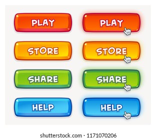 Set of vector game user interface buttons. Two different state, default and hover or pressed. 4 colors, yellow, red, green and blue.