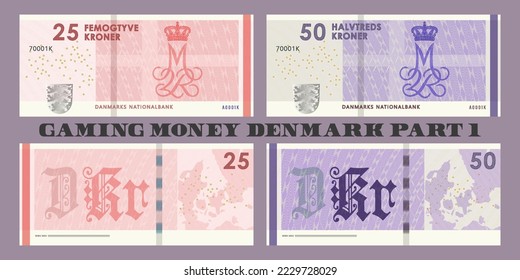 Set of vector gaming currency. The inscriptions in Danish mean twenty five and fifty crowns, the Danish national bank. Obverse and reverse game fictional banknotes
