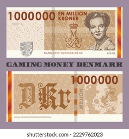 Set of vector gaming currency. The inscriptions in Danish mean one million crowns, the Danish national bank. Obverse and reverse game fictional banknotes