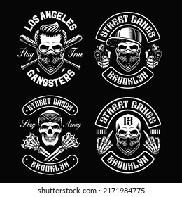 Set of vector gangster skulls characters, t-shirt designs