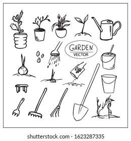 Set of vector garden tools. Drawn by hand in the doodle style with a black outline, isolated on a white background. For the design of garden shops, instructions for seeds, farm designs,flower business