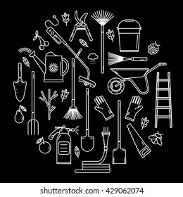 Set of vector garden tools on black background.