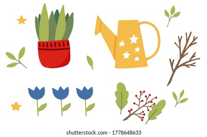 Set of vector gardenind elements, watering, plants, leaves, berries, tree, doodle garden