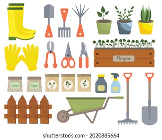 Set of vector gardening equipment with rubber boots, seedling, watering can, scissors, wheelbarrow, shovel, rake, bucket isolated on white background.