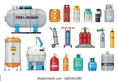 Set of vector gas cylinder. Cylindrical container with liquefied compressed gases with high pressure and valves isolated. Lpg gas-bottle and gas-cylinder. Safety fuel tank of helium butane acetylene