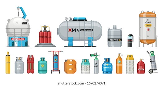 Set of vector gas cylinder. Cylindrical container with liquefied compressed gases with high pressure and valves isolated. Lpg gas-bottle and gas-cylinder. Safety fuel tank of helium butane acetylene