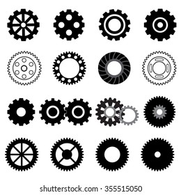 Set vector gearwheel mechanism icon. Black and white illustration mechanical elements isolated on light background.