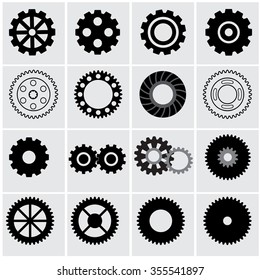 Set vector gearwheel mechanism icon. Black and white illustration mechanical elements isolated  icon set on gray.