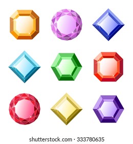 Set of vector gems and diamonds icons in different colors with different shapes for a game