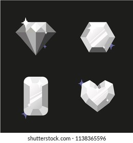 Set of vector gems and jewels on black background. White diamonds with different cuts. Design elements and icons for holiday gift and jewelry shop.