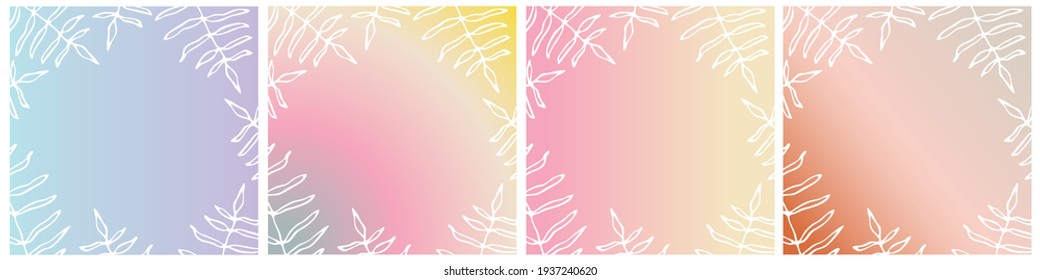 Set of vector gentle pastel simple trendy gradients. 2021 collection of modern colors. Palette for decoration and design with tropical plants, hand-drawn ink leaves. Isolated palettes. Stretch color.