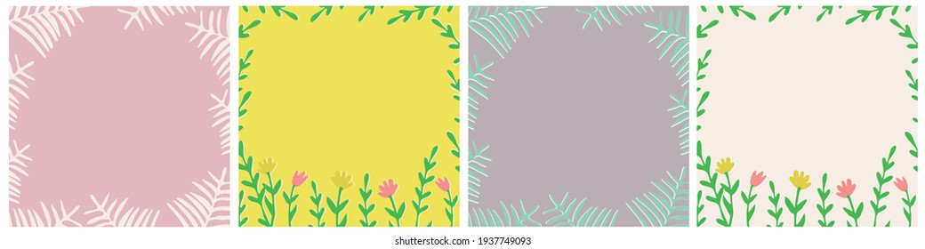 Set of vector gentle pastel simple trendy backgrounds with flowers and plants. 2021 collection of modern colors. Palette for decoration and design. Isolated, for your inscription. Spring, summer. Hand