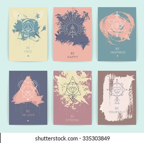 Set of vector geometric alchemy symbols with inspired phrases on hand-drawn background / abstract occult and mystic signs / business card templates / line hipster logotype.
