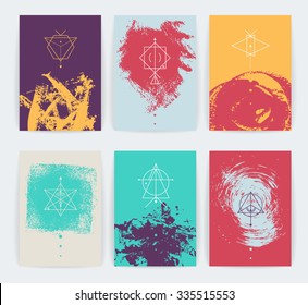 Set of vector geometric alchemy symbols  on hand-drawn background / abstract occult and mystic signs / business card templates / line hipster logotype.

