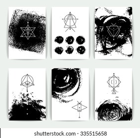 Set of vector geometric alchemy symbols  on hand-drawn background / abstract occult and mystic signs / business card templates / line hipster logotype.
