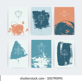 Set of vector geometric alchemy symbols  on hand-drawn background / abstract occult and mystic signs / business card templates / line hipster logotype.
