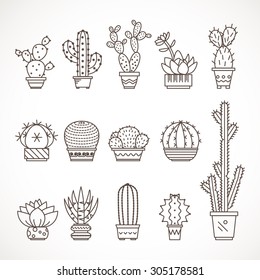  Set vector geometric cacti  in trendy mono line style - art deco.It can be used as a stamp, postcard or print