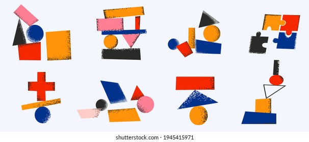 set of vector geometric compositions with texture. Grunge bright shapes isolated. Compositions for posters, concepts, website, infographics. Balance and creativity. Icons for a creative project