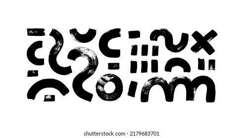Set of vector geometric grunge shapes in Memphis style. Circle, curved lines, dashes, geometric figures. Simple monochrome shapes isolated on white. Black paint brush strokes vector collection. 