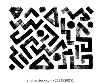 Set of vector geometric grunge thick shapes. Brush drawn abstract simple shapes isolated on white. Geometric lines, figures and graphic elements with texture. Bold zigzag lines, circles and triangles.