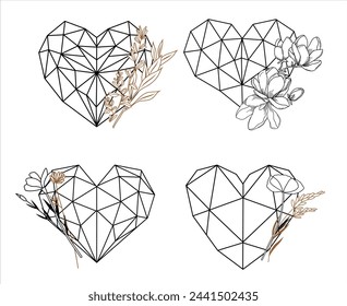 Set of vector geometric hearts in polygon style decorated by wildflowers, geometric floral heart logo, faceted floral heart illustration, design for post card, business card and for valentines day