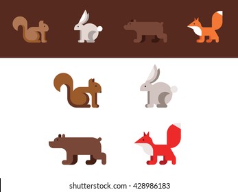 Set of vector geometric icons animals. Bear, fox, squirrel, rabbit. It is good to use for logos, signs, labels and websites.