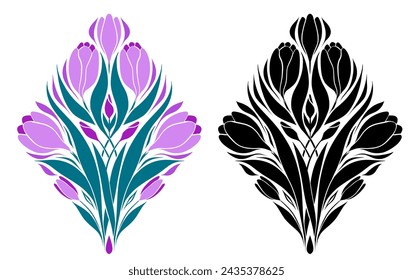 Set of vector geometric illustrations of crocuses. Collection of Art Nouveau Decorative cliparts of colorful and black silhouette spring flowers. Floral symmetrical bouquet for stickers, illustrations